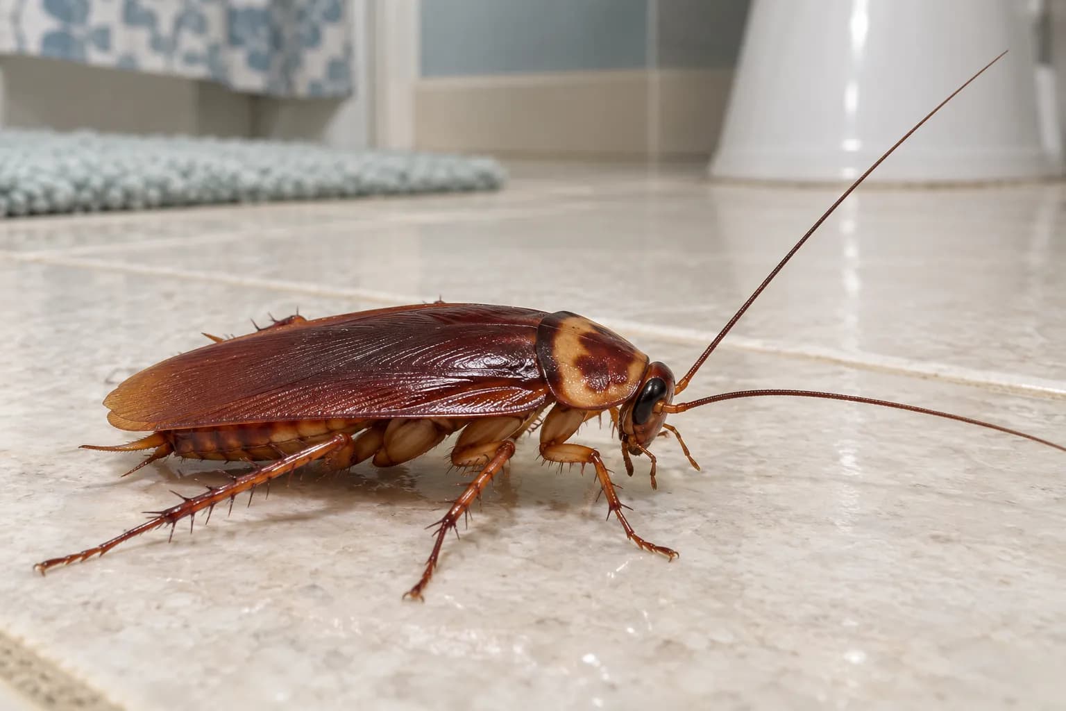 Large reddish-brown American cockroach, often called a palmetto bug, on a bathroom tile floor