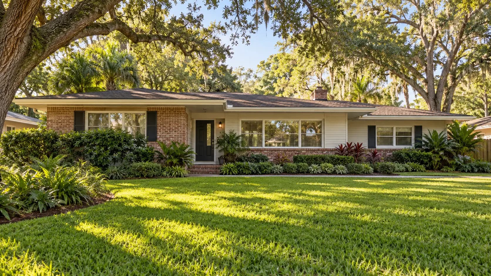 Mid-century ranch home with a low roofline and mature trees in Arlington, Jacksonville