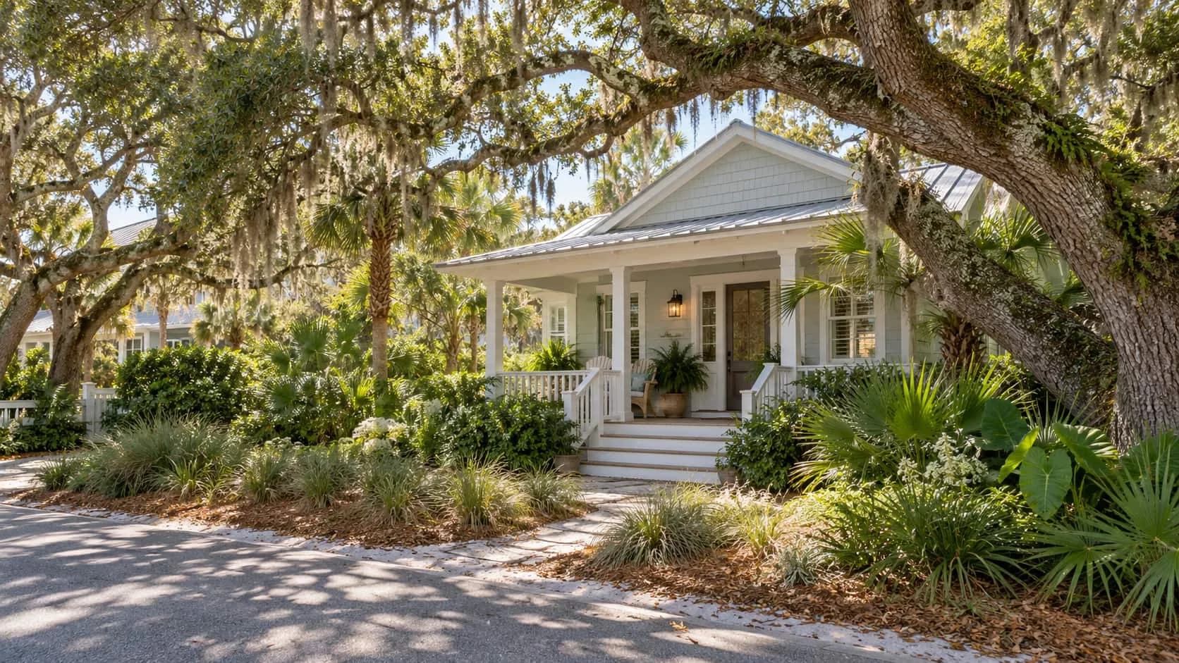 Small coastal cottage under twisted maritime live oaks on a shady Atlantic Beach street