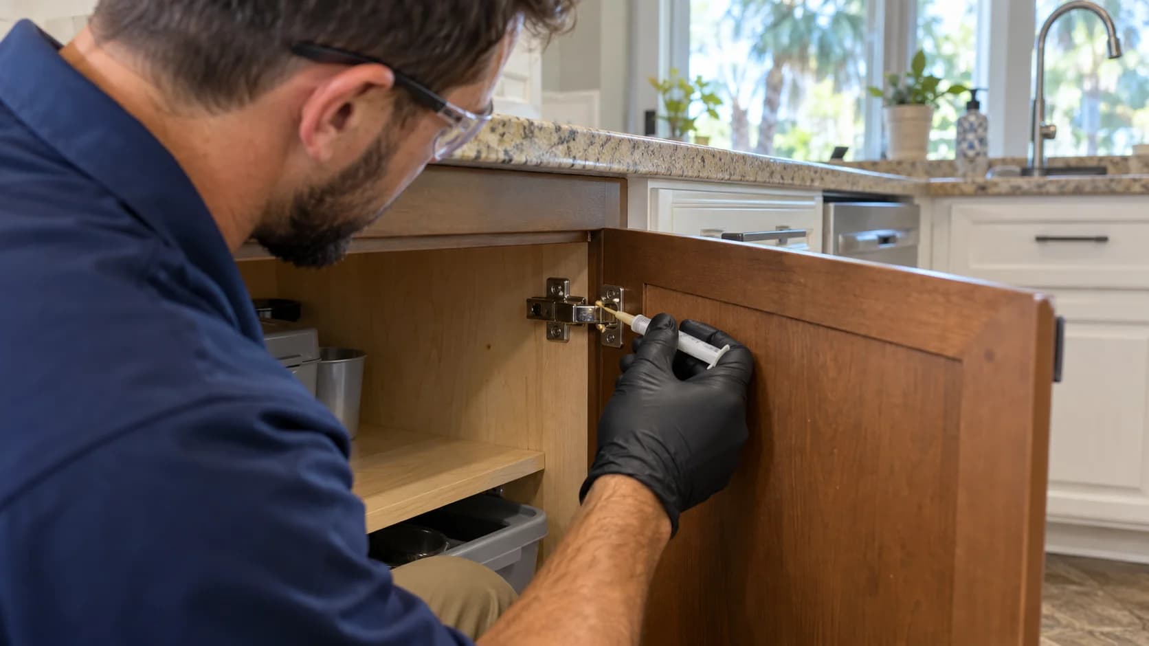 Technician placing gel bait inside a kitchen cabinet hinge to treat cockroaches in a Jacksonville home