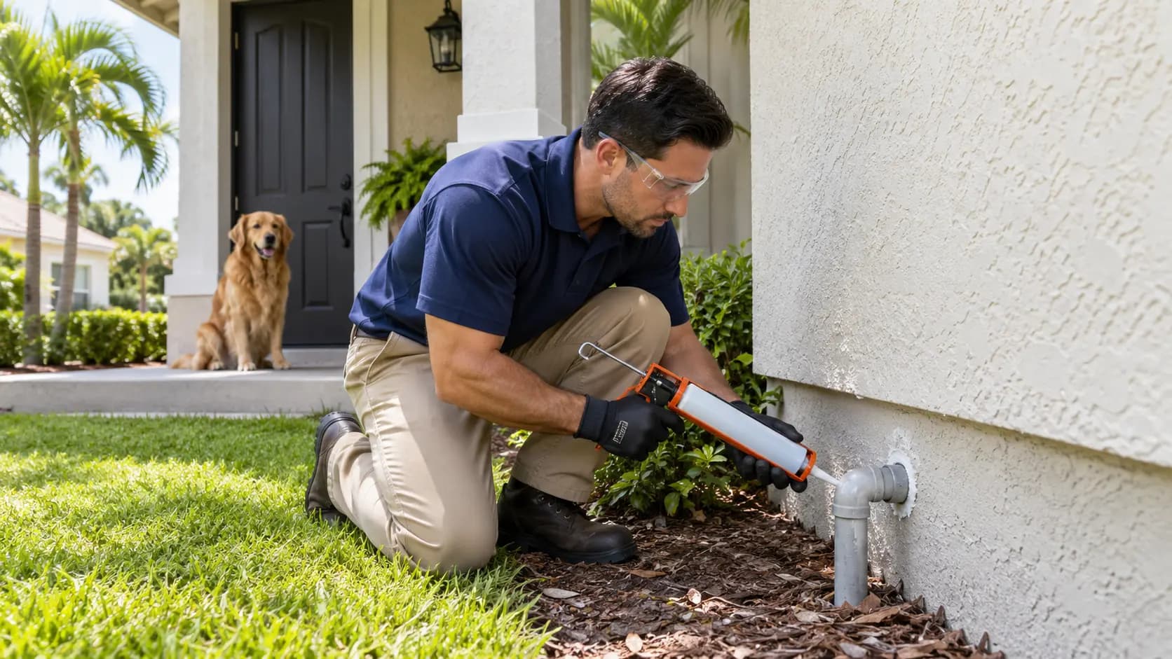 Technician sealing a gap around a pipe outside a Jacksonville home while a dog watches from the porch