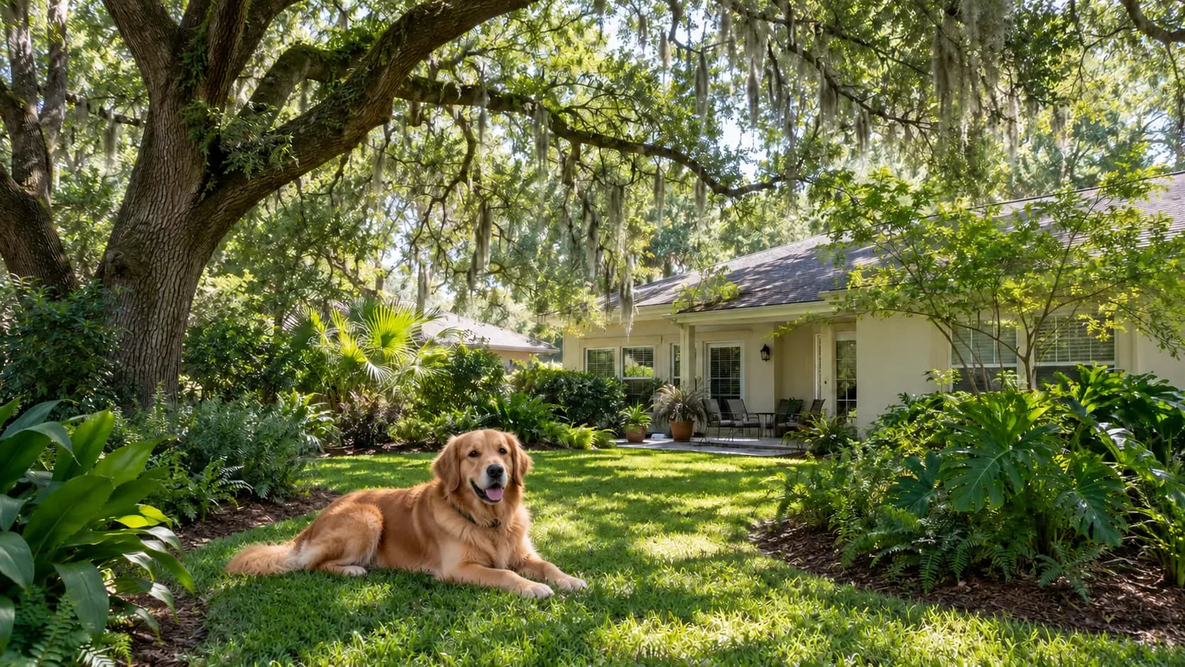 Family dog relaxing in a green Jacksonville backyard