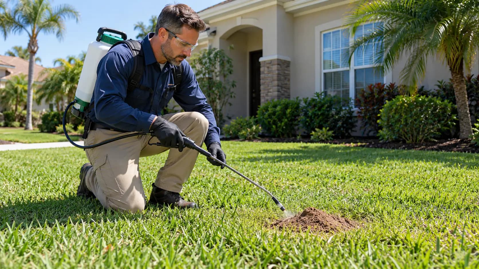 Technician treating a fire ant mound in a St. Augustine grass lawn in Jacksonville
