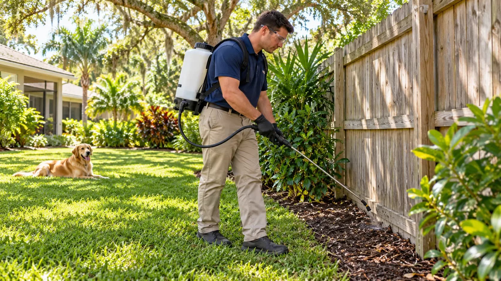 Technician treating a shaded area along a backyard fence where a dog rests in a Jacksonville yard