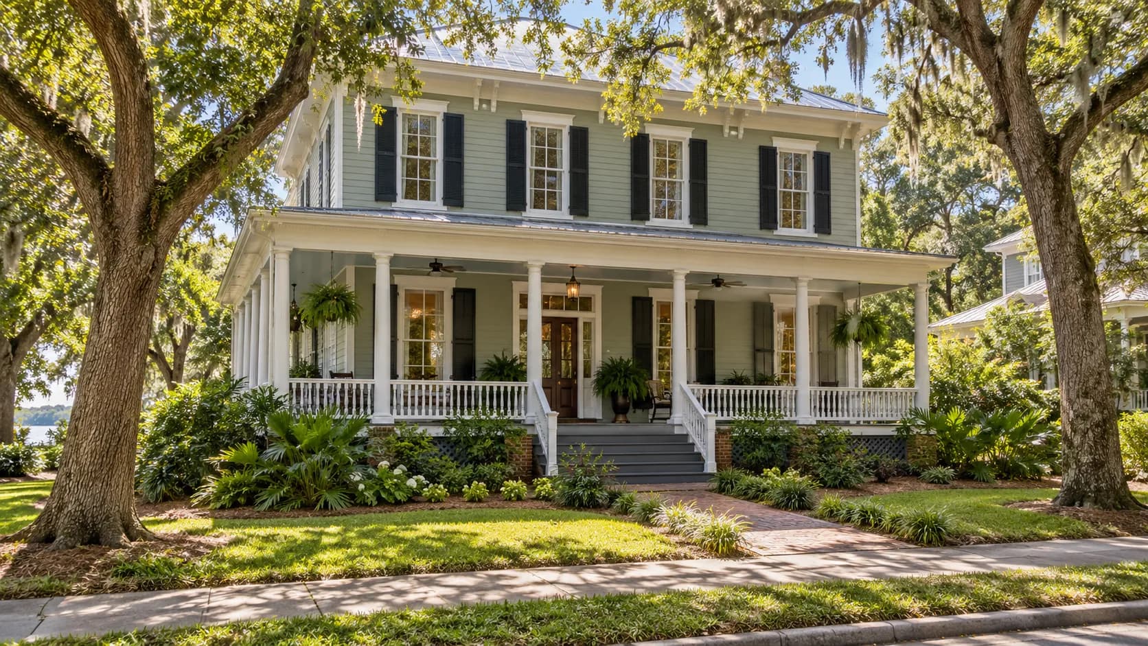Historic two-story wood-frame home with a front porch on a shady street in Green Cove Springs