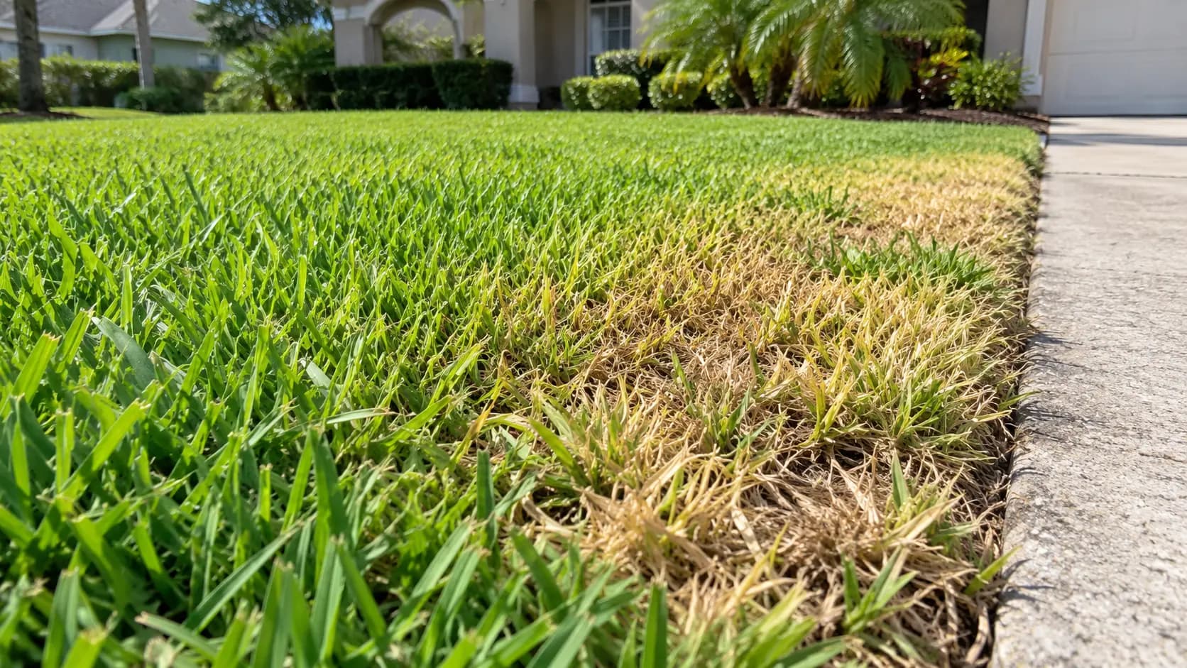 Yellowing patch of St. Augustine grass beside a driveway, a common sign of chinch bug damage in Jacksonville
