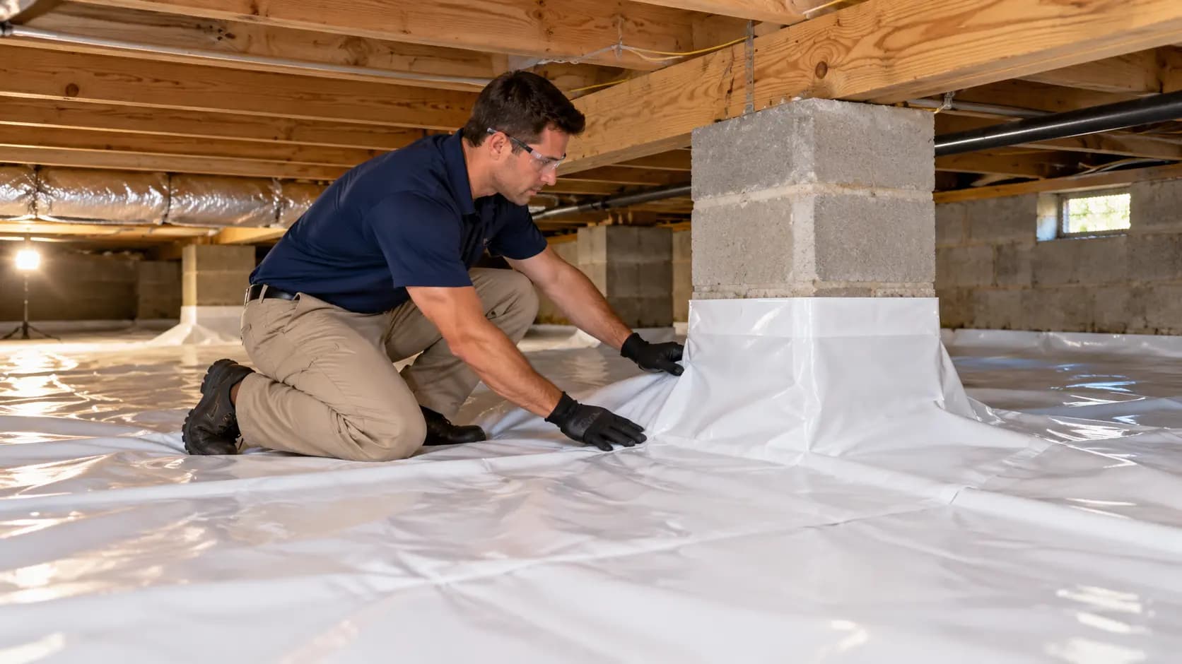 Plastic vapor barrier covering the ground in the crawl space of a Jacksonville home