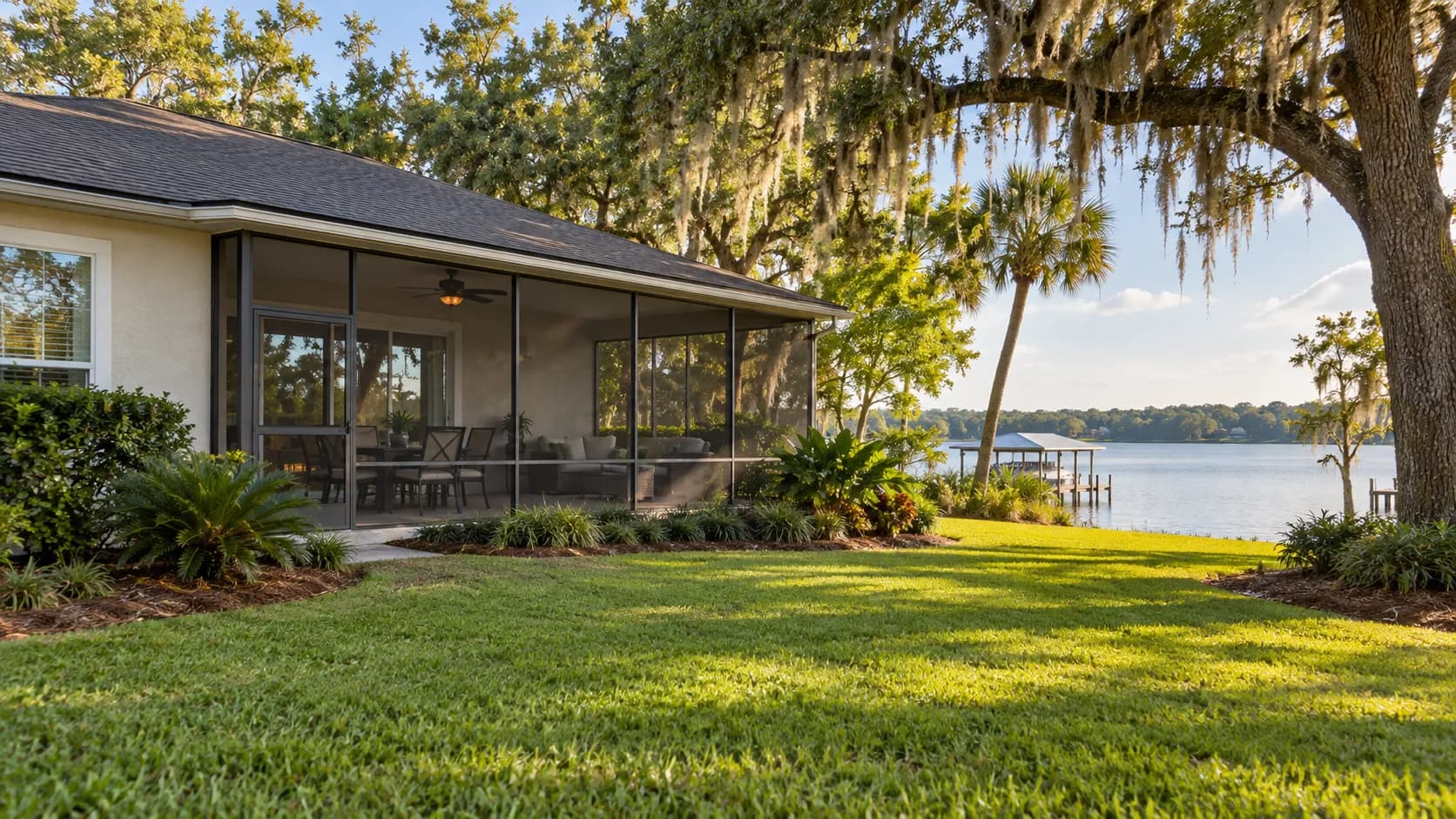 Single-story Orange Park home with a screened porch and a view toward Doctors Lake