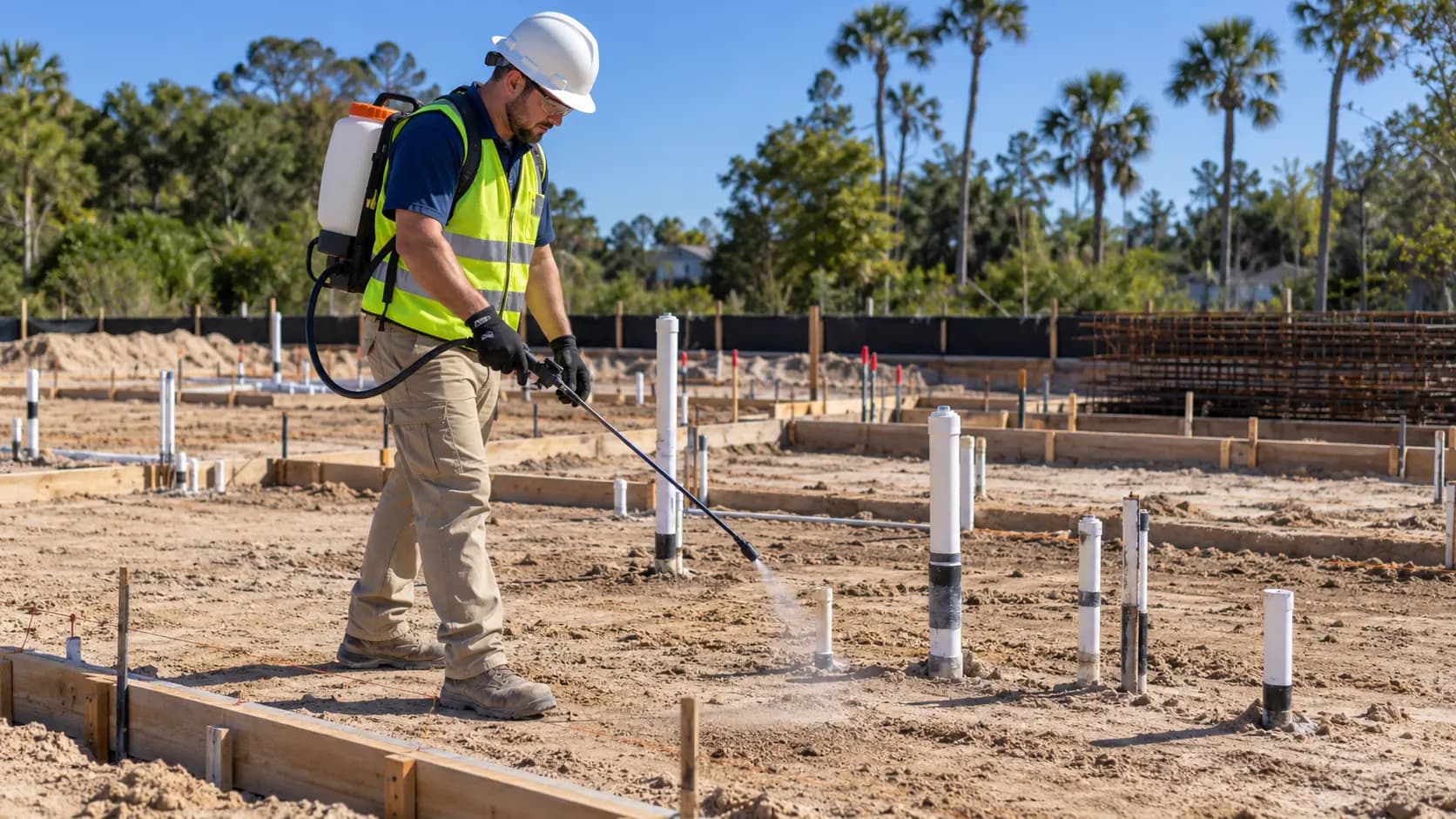 Technician treating graded soil and plumbing penetrations before a concrete slab pour at a Jacksonville building site