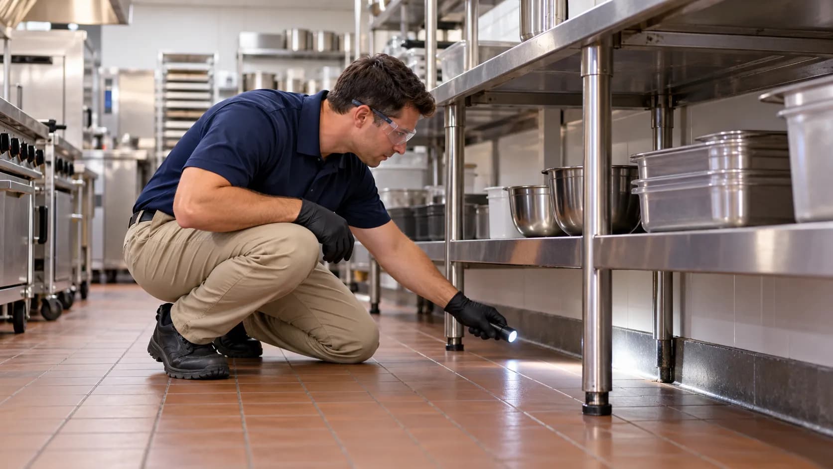 Technician inspecting under stainless steel prep tables in a restaurant kitchen