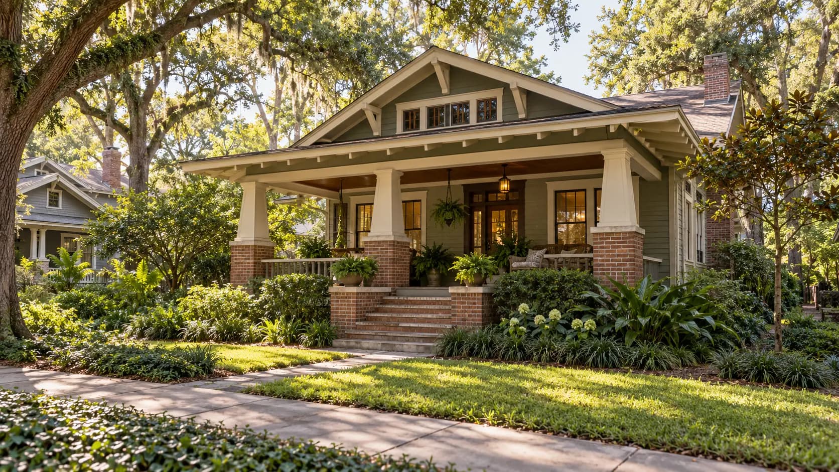 Historic craftsman bungalow with a deep front porch on a shaded street in Riverside, Jacksonville