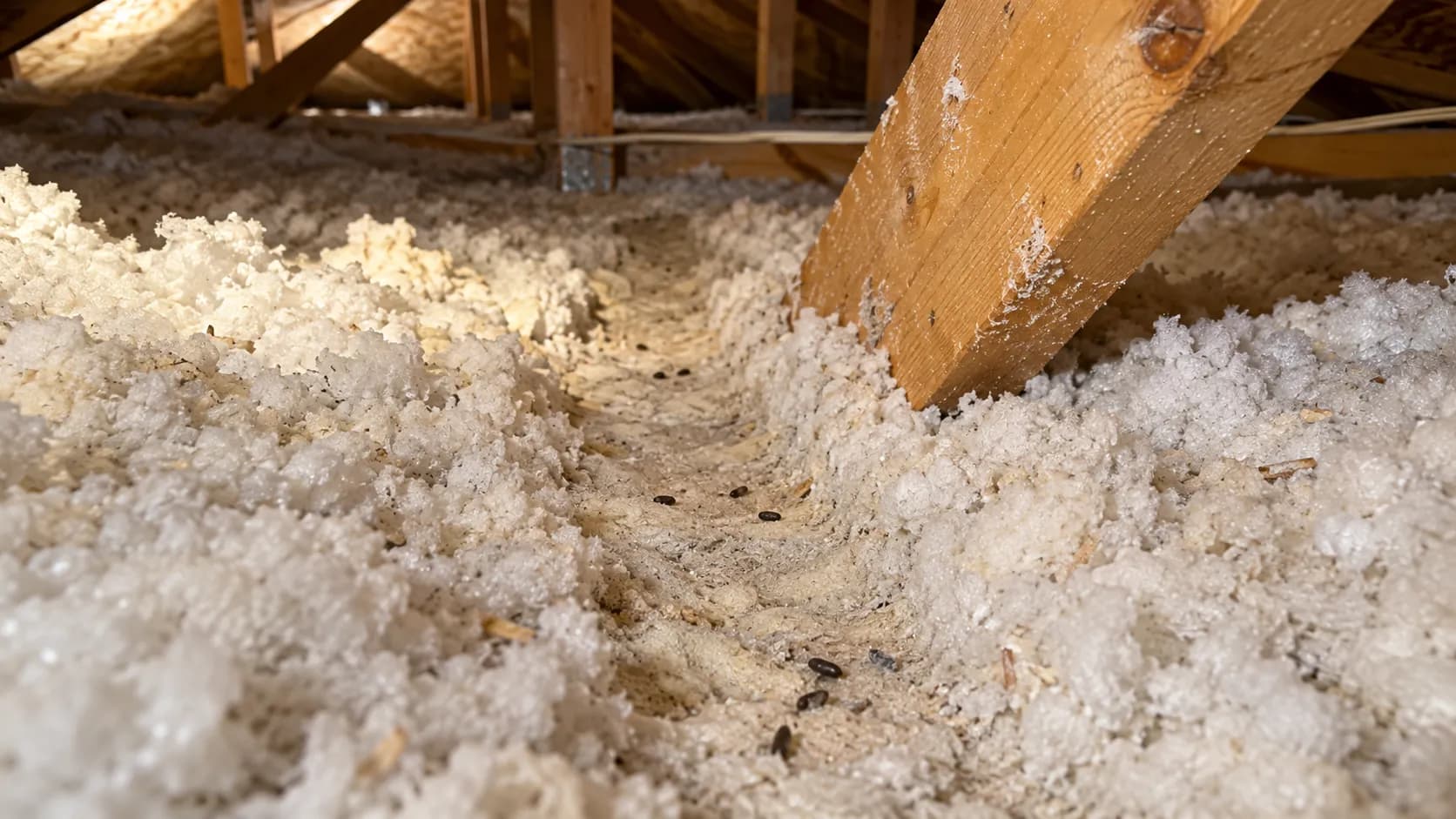 Flattened path through attic insulation with rodent droppings beside a roof truss