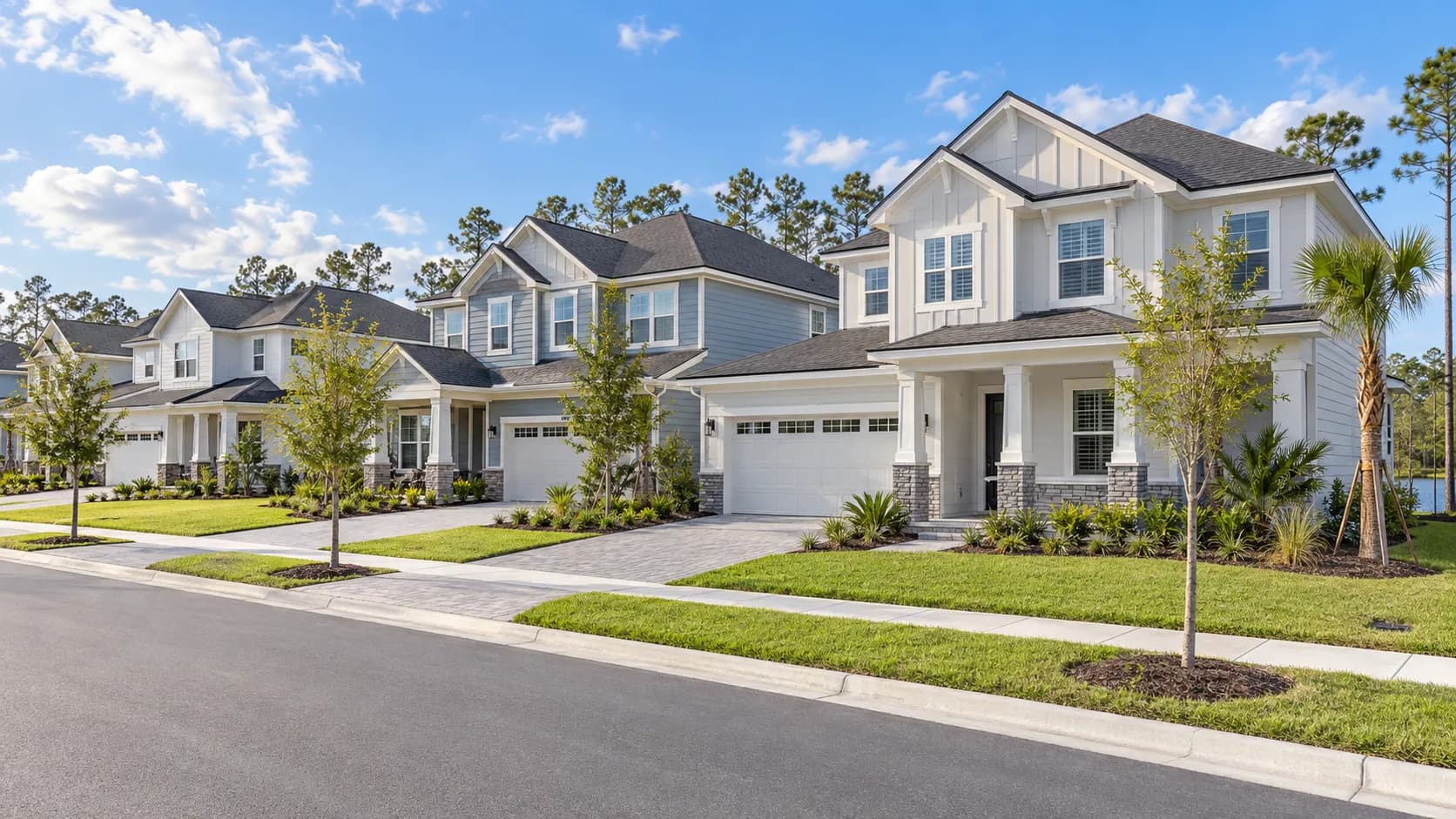 Row of newly built homes with young landscaping in a St. Johns, Florida subdivision