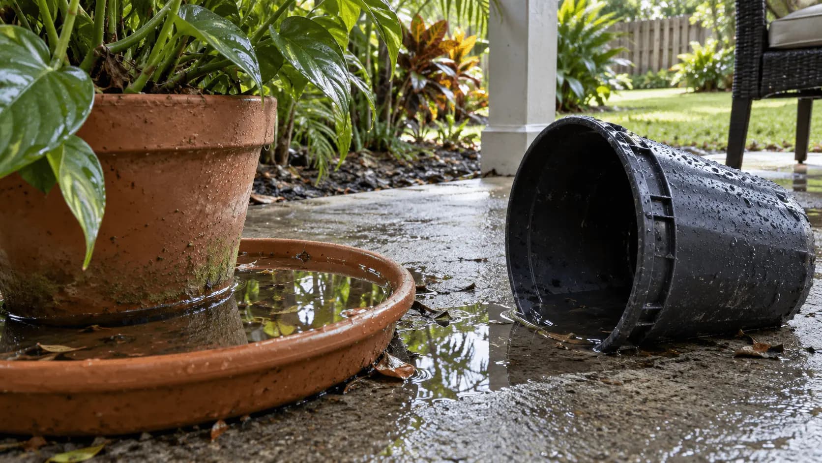 Rainwater sitting in a plant saucer and an overturned bucket on a shaded Jacksonville patio