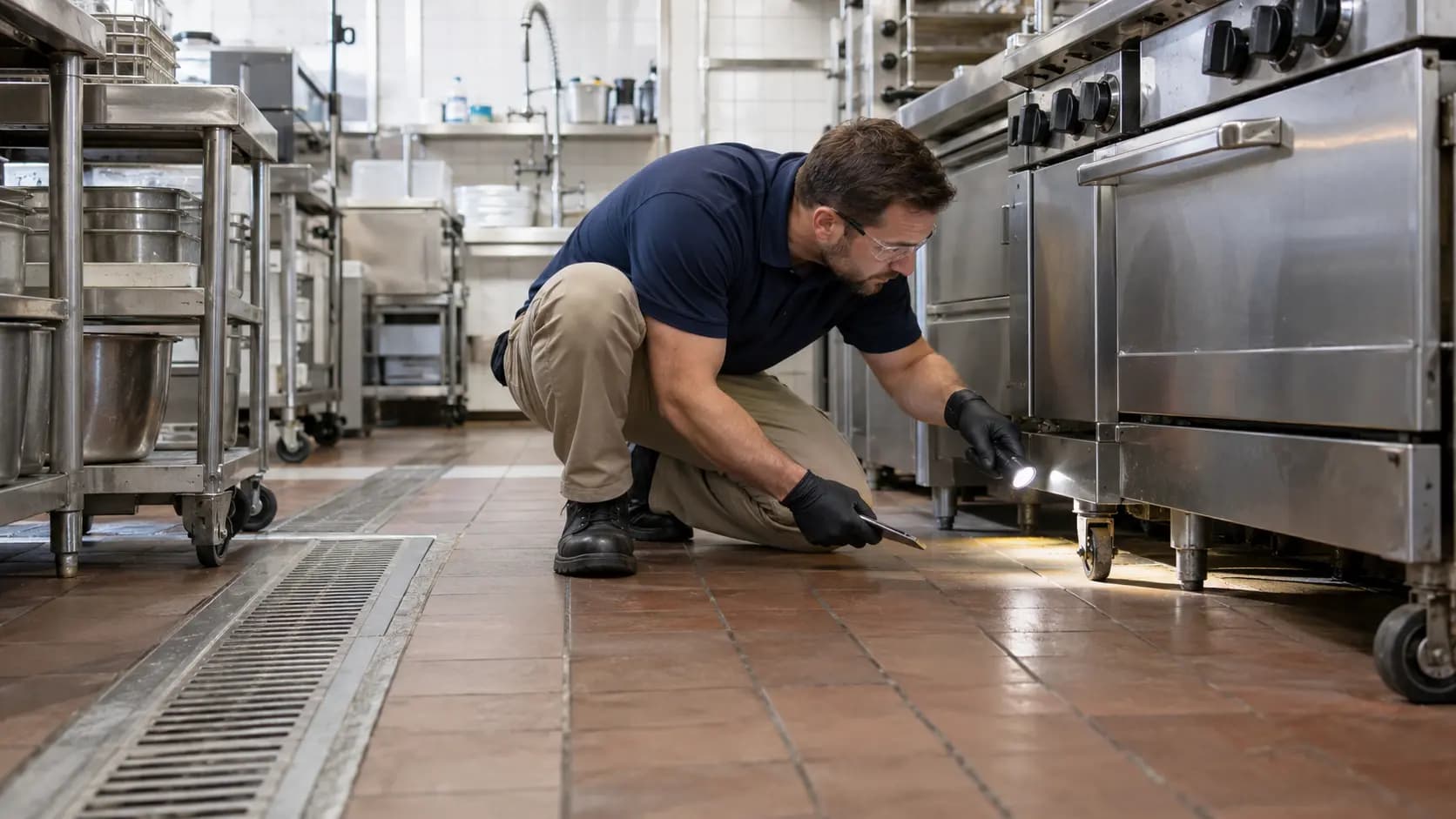 Technician inspecting under equipment in a commercial kitchen