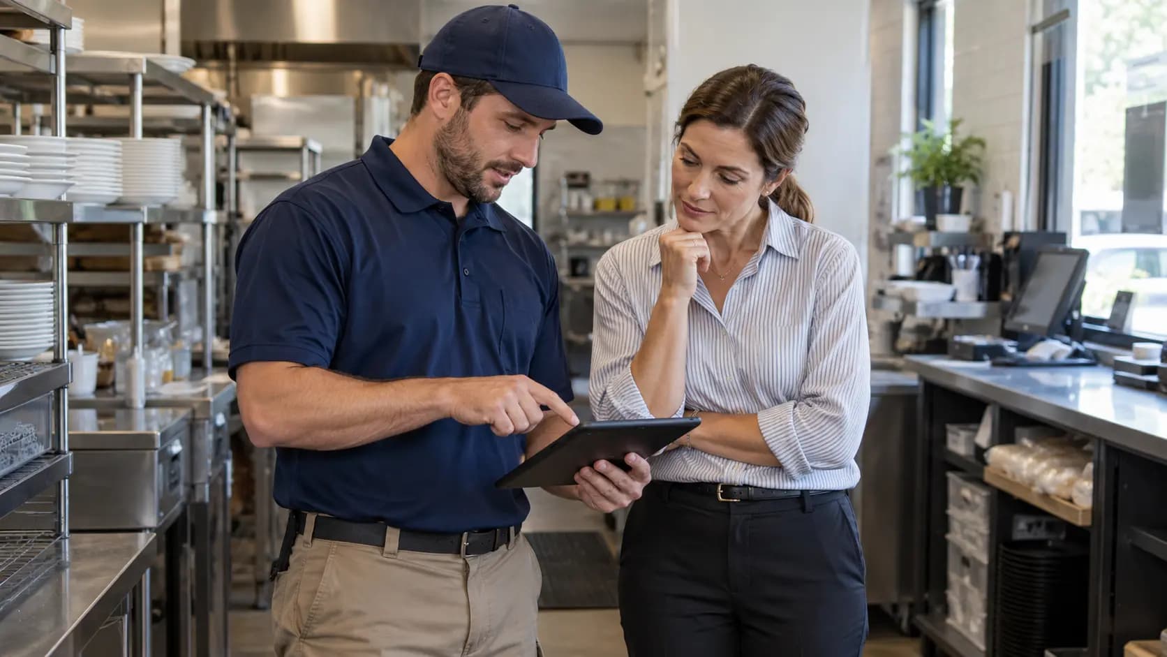 Technician reviewing a digital service report with a business manager