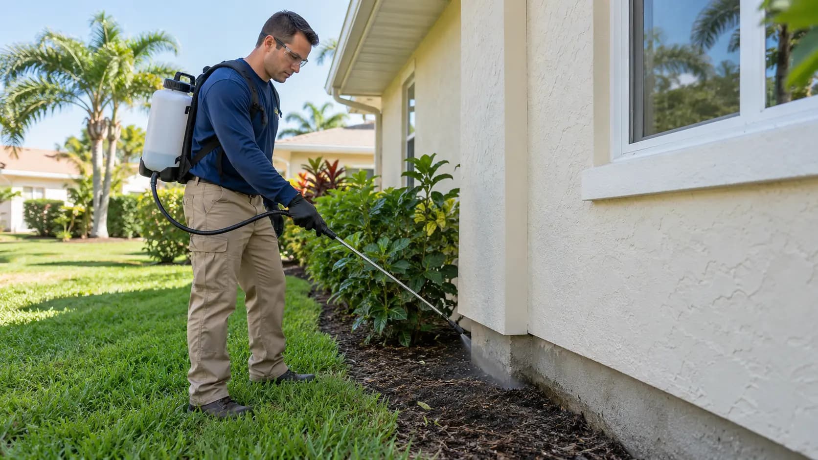 Technician applying a barrier treatment along the foundation of a Florida home