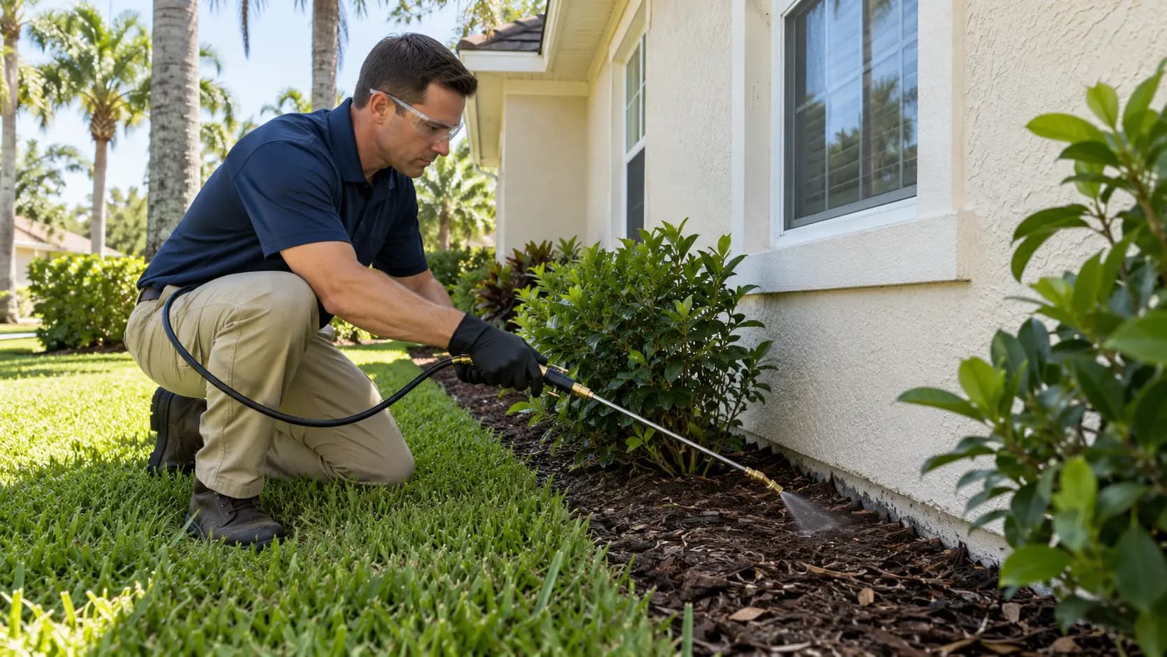 Technician treating soil along the foundation of a Jacksonville home for termites