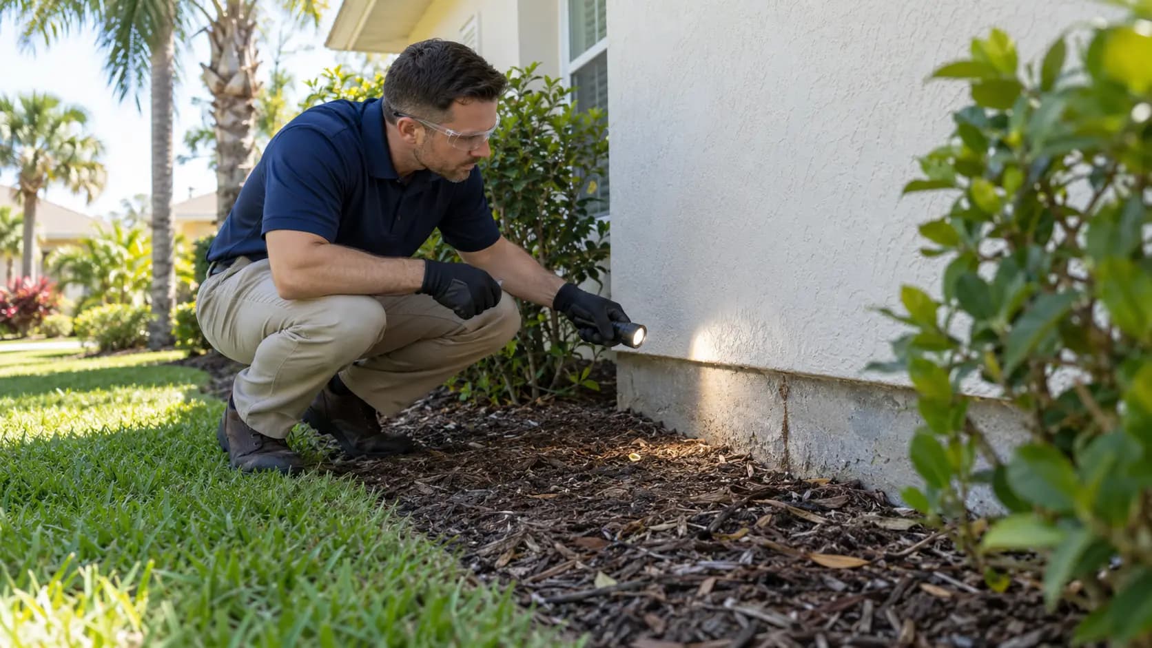 Inspector using a flashlight to check the foundation and baseboards of a Jacksonville home for termite signs