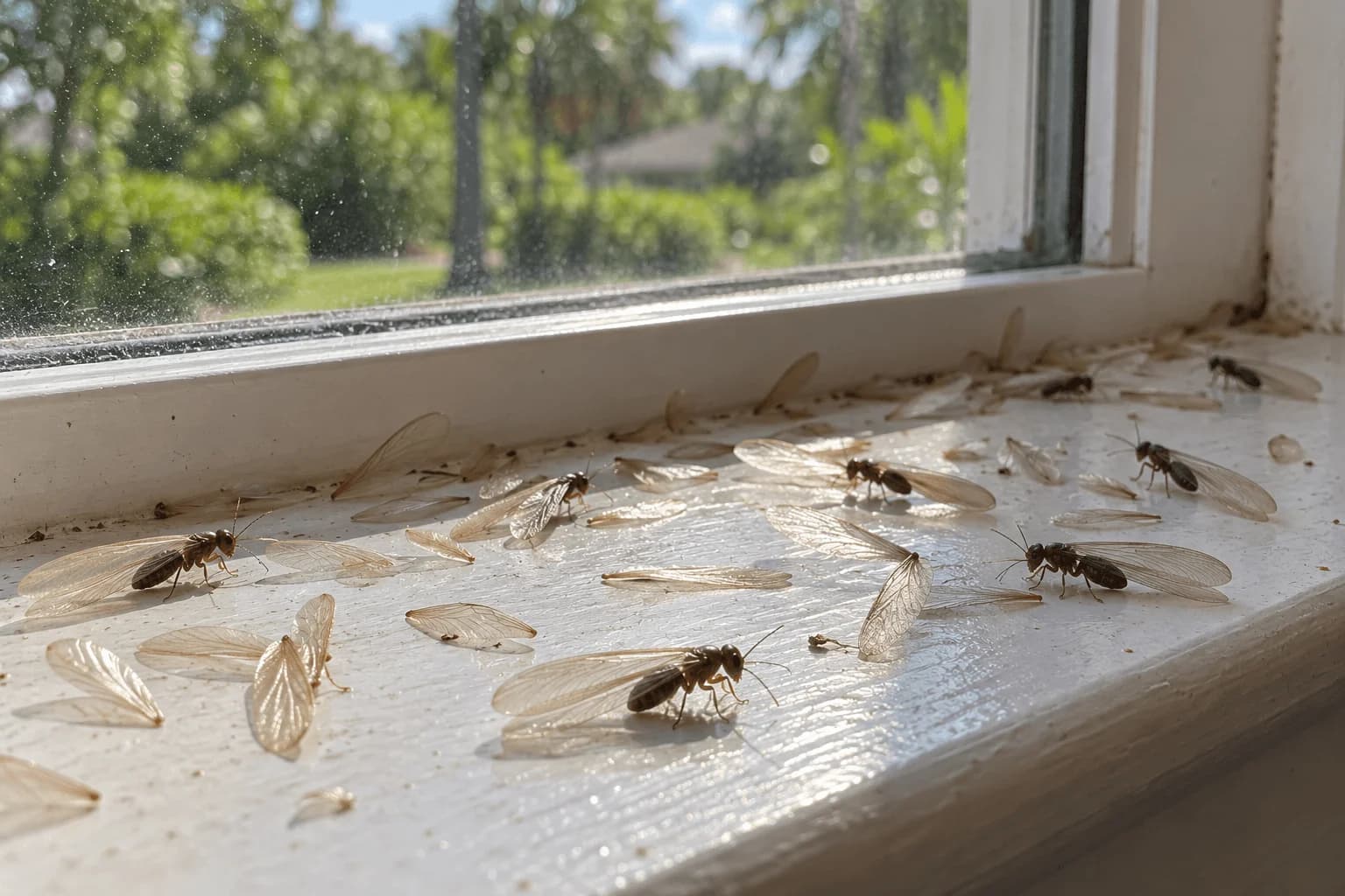 Winged termite swarmers and shed wings on a windowsill