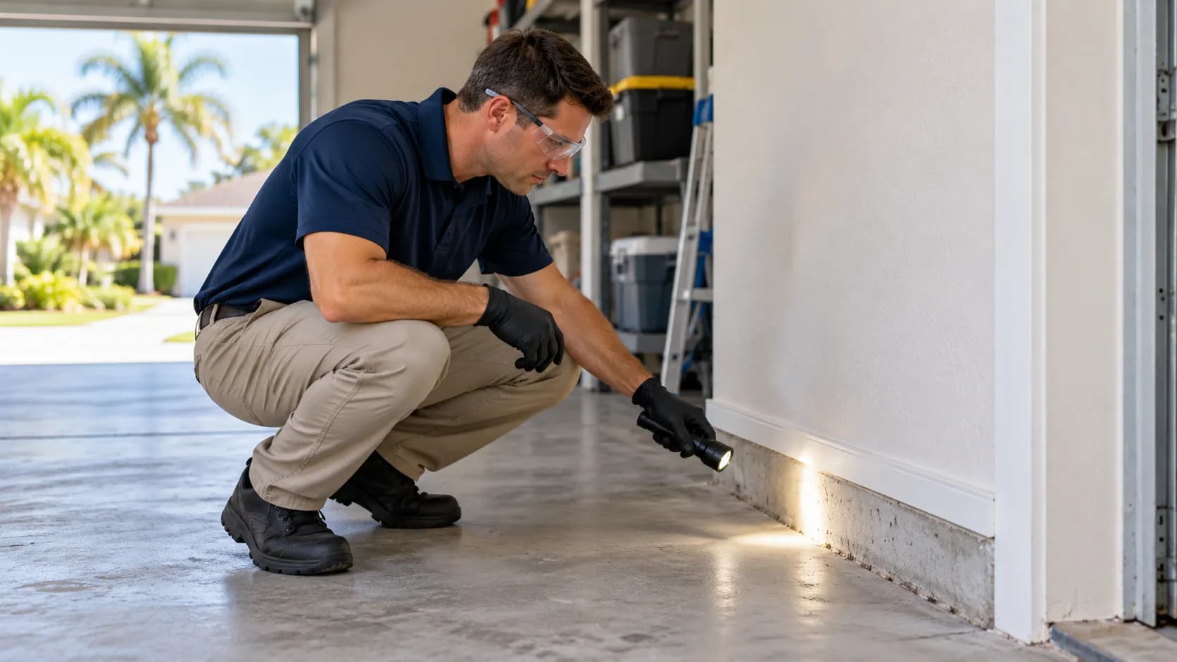 Inspector checking the base of a garage wall with a flashlight during a WDO inspection of a Florida home