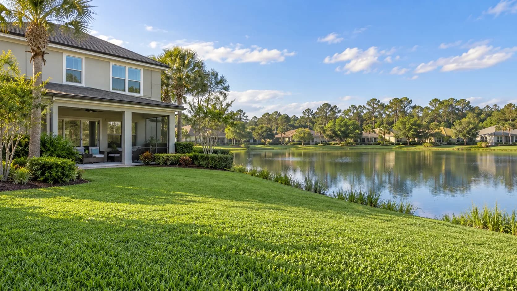 Two-story Fleming Island home with a green St. Augustine lawn facing a neighborhood pond