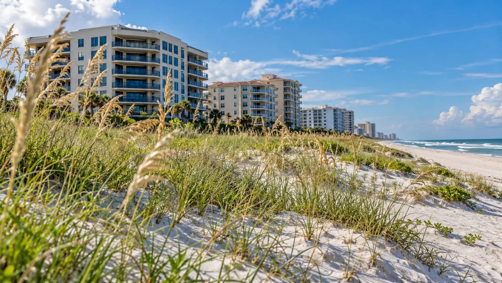 Oceanfront condo buildings behind sea oats and dunes in Jacksonville Beach
