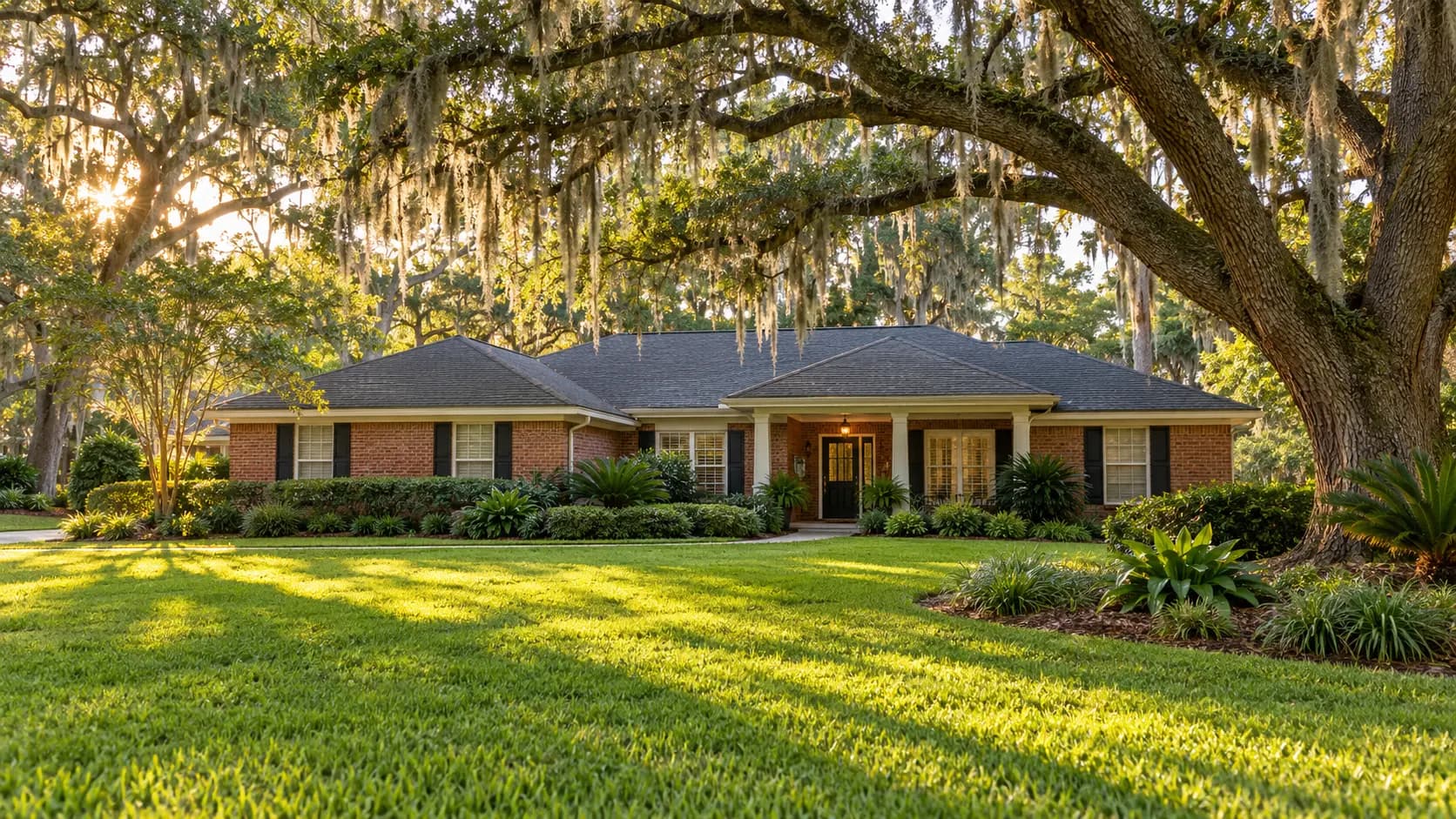 Brick ranch home in Mandarin shaded by large live oaks with Spanish moss