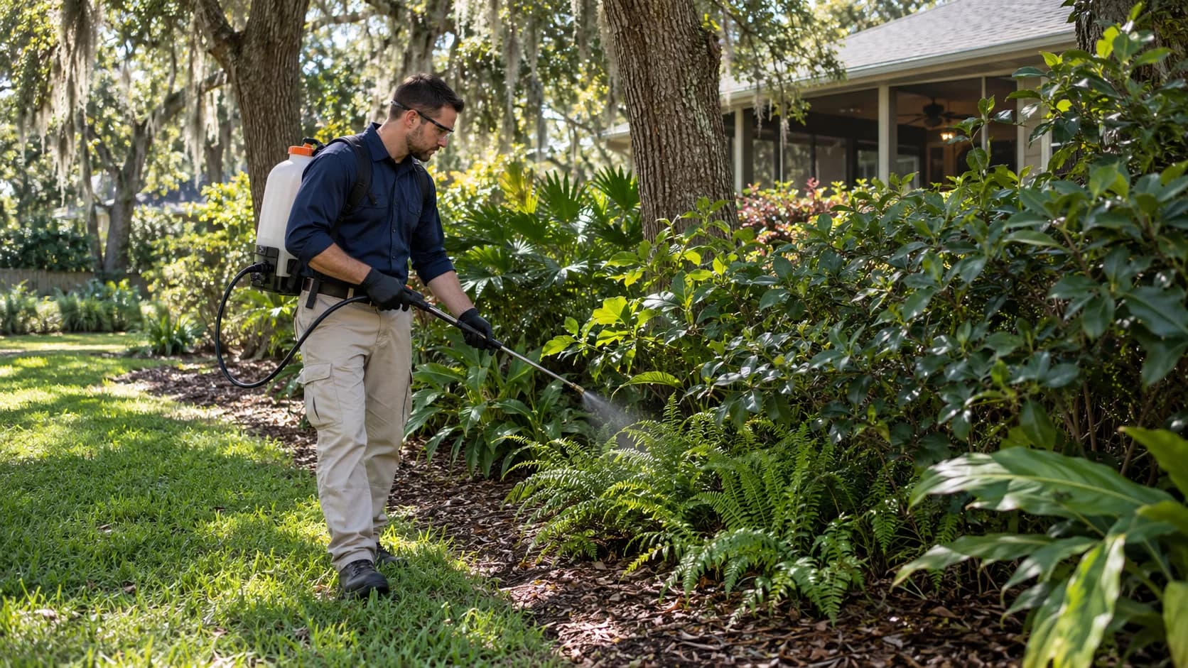 Technician treating shrubs and shaded plants in a Jacksonville backyard to reduce mosquitoes
