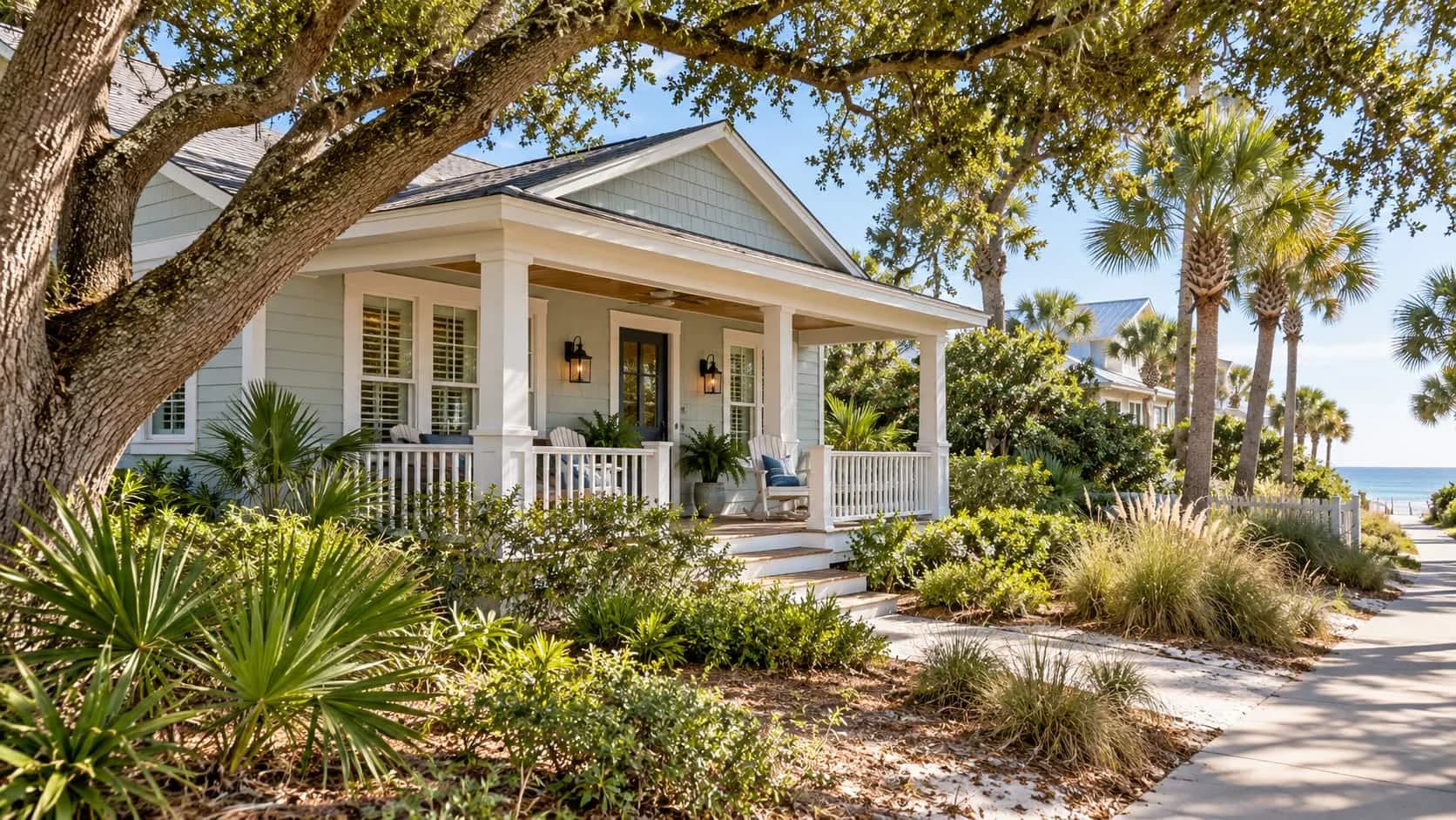 Single-story bungalow with a front porch on a tree-lined street a few blocks from the ocean in Neptune Beach