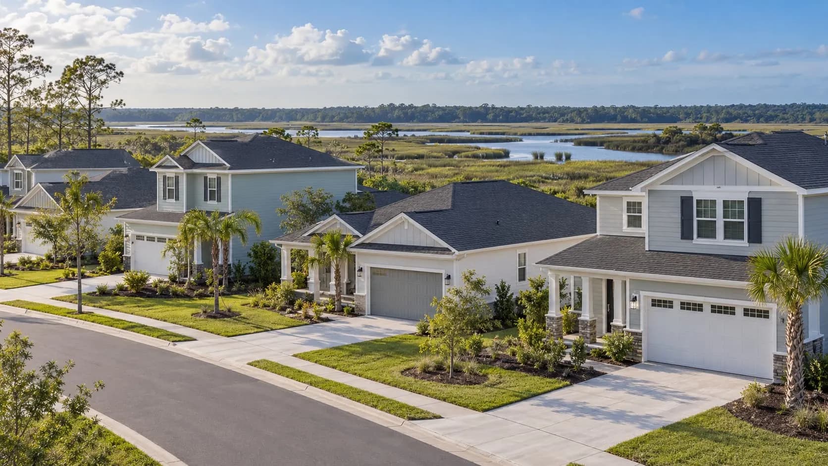 New single-family homes in an Oceanway subdivision with a salt marsh and tree line in the background