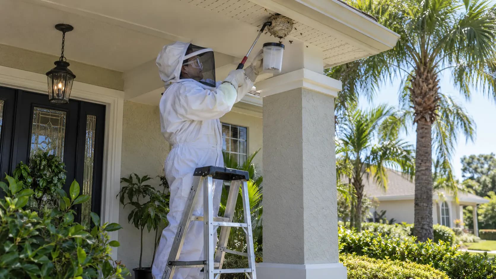 Technician in protective gear removing a paper wasp nest from a porch eave on a Jacksonville home