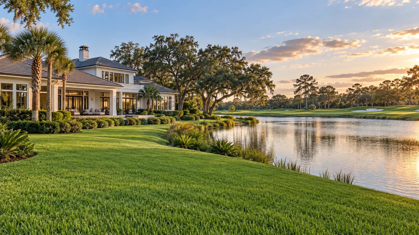 Large Ponte Vedra Beach home with a green St. Augustine grass lawn facing a golf course pond