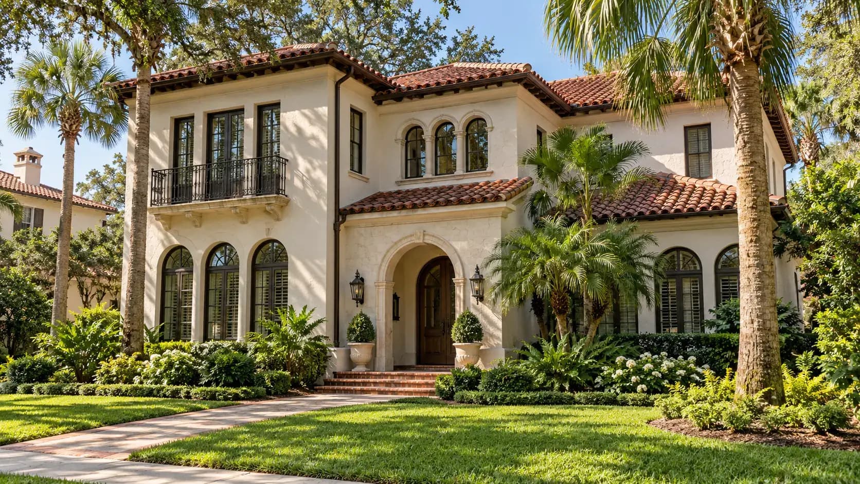 Stucco Mediterranean Revival home with a tile roof and palm trees in San Marco, Jacksonville